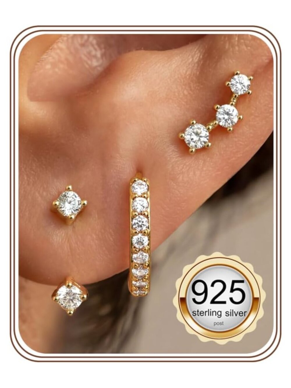 Sterling Silver Hoop Stud Earring Set Hypoallergenic CZ 3 Pairs